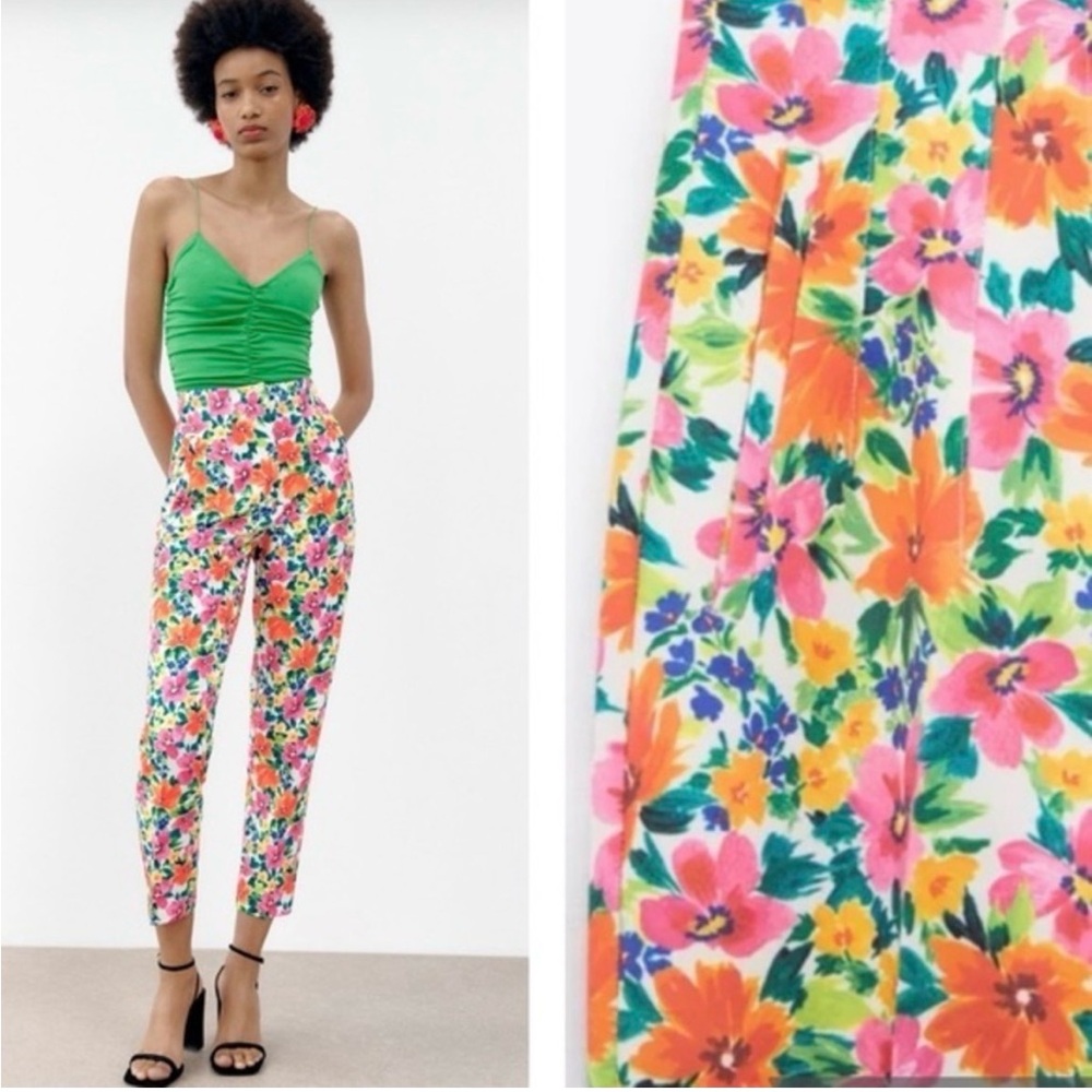 Zara high waisted floral cigarette pants colorful